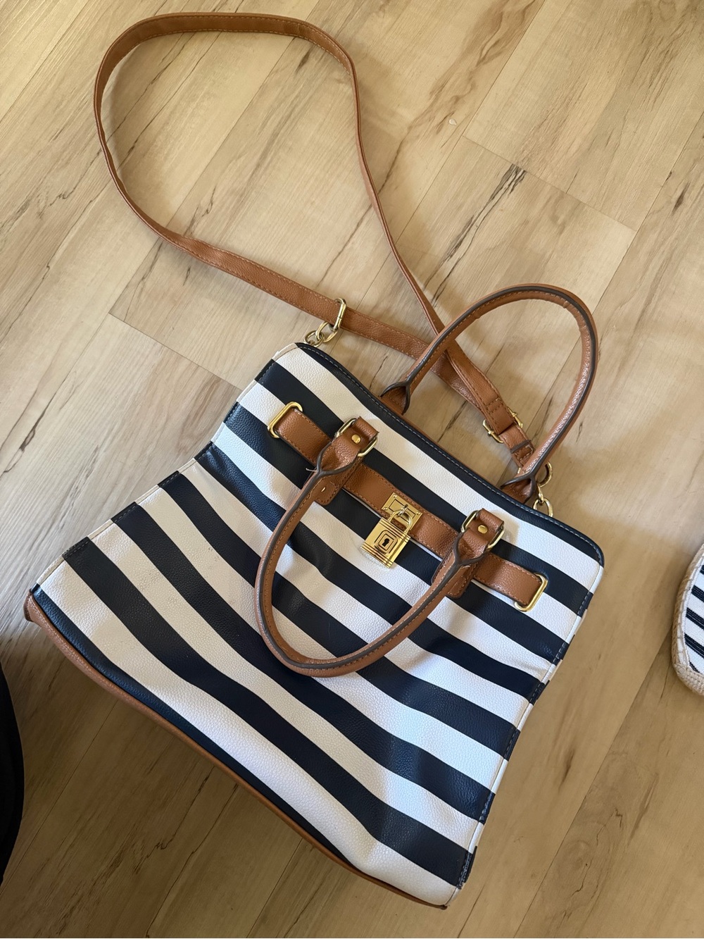 Striped Black & White Satchel with Tan Trim